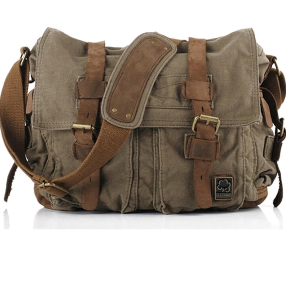 Sechunk Vintage Military Leather Canvas Laptop Bag Messenger Bags Medium